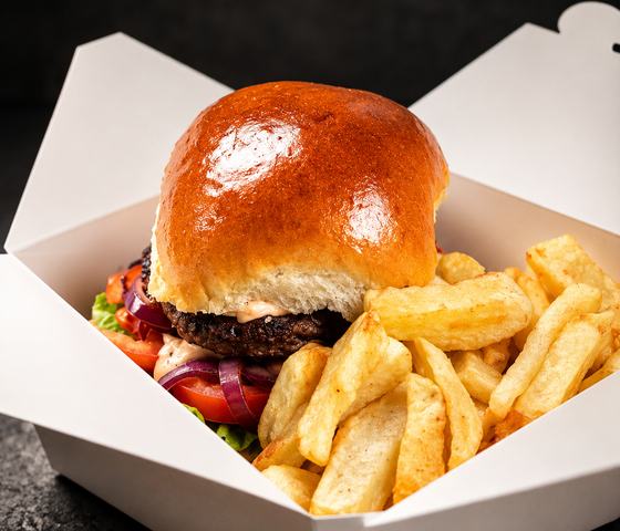 Burger served with chips
